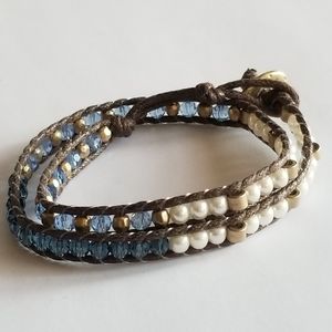 Wrap bracelet blue crystal white pearl beads brown 2x gold tone button